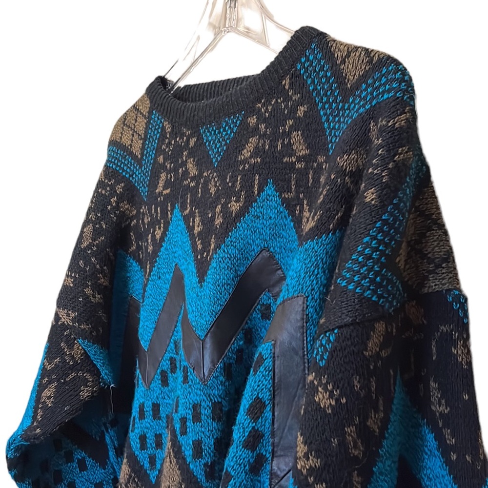 Vintage 80s Zig Zag Grandpa Sweater by Gabrielle w/Black Leather Accents